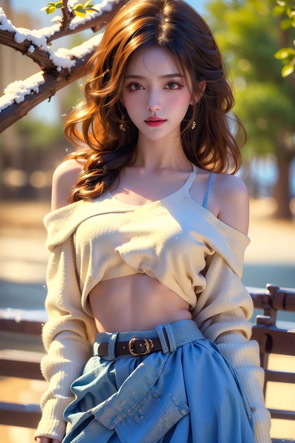 best quality, masterpiece, cowboy_shot,(Good structure), DSLR Quality,Depth of field,kind smile,looking_at_viewer,Dynamic pose, 1girl, 3d, bare_shoulders, belt, blurry, blurry_background, blurry_foreground, branch, , , , collarbone, *******_photo, denim, denim_skirt, depth_of_field, , lips, long_hair, looking_at_viewer, midriff, miniskirt, motion_blur, navel, outdoors, photo_\(medium\), realistic, skirt, solo, standing, tree, , , , blackpantyhose, , , , , futuaner, 1 girl