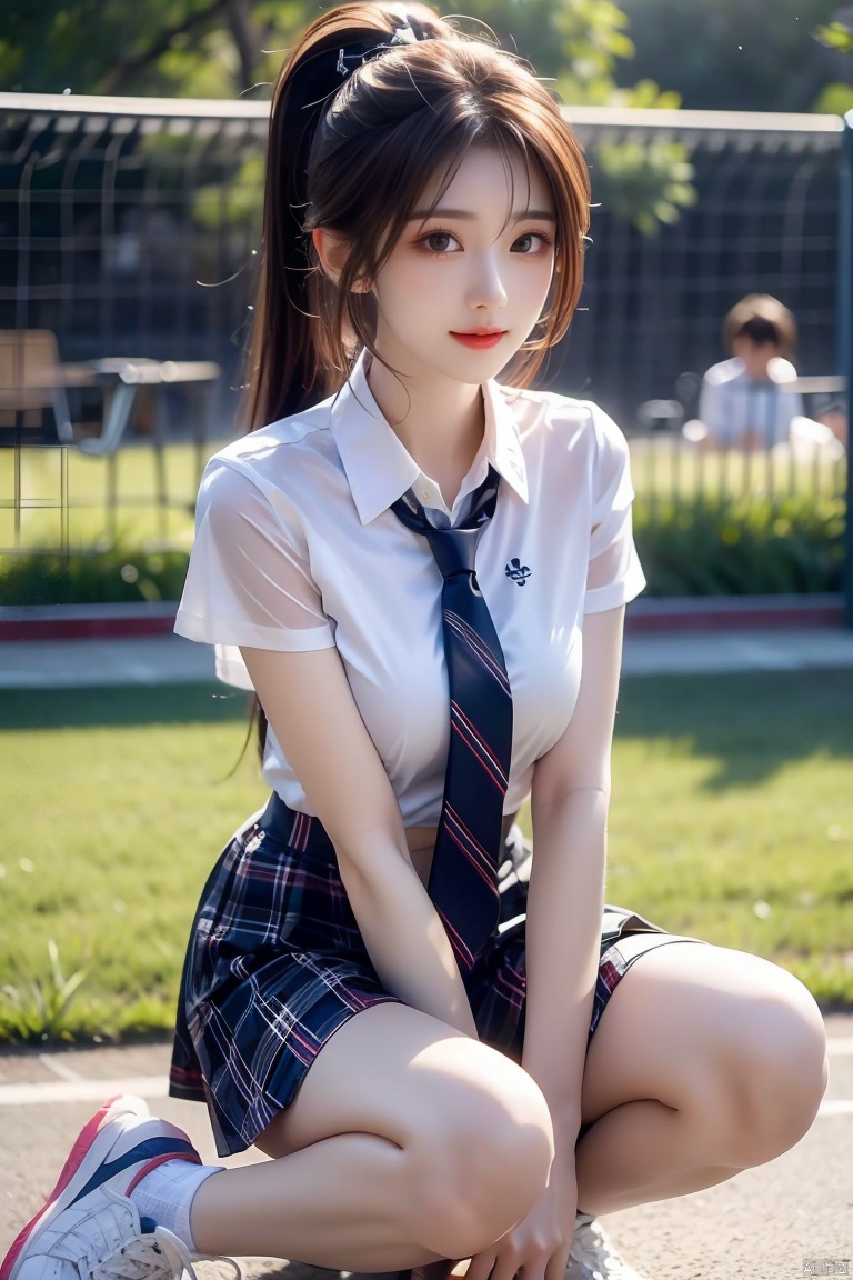 1girl, solo, looking at viewer, smile, skirt, brown hair, shirt, white shirt, ponytail, short sleeves, necktie, shoes, plaid , plaid skirt, ball, blue necktie, photo background, tennis ball, (\yan yu\)