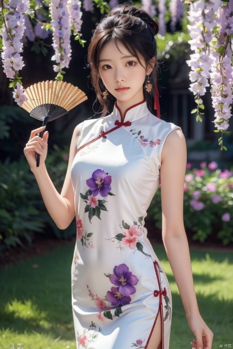 1girl, blurry, blurry_background, blurry_foreground, depth_of_field, motion_blur, hand_fan, bokeh, photo_\(medium\), solo, dress, chinese_clothes, black_hair, earrings, lips, 3d, photo_background, holding, focused, jewelry, wisteria, holding_fan, looking_at_viewer, photorealistic, china_dress,extremely detailed CG unity 8k wallpaper,masterpiece, best quality, ultra-detailed, beautiful detailed eyes:1.2,best illumination, (best shadow, an extremely delicate and beautiful, bloom),best quality, masterpiece, highres, original, extremely detailed wallpaper, perfect lighting,(extremely detailed CG:1.2), drawing, paintbrush,, ,qp, 1 girl