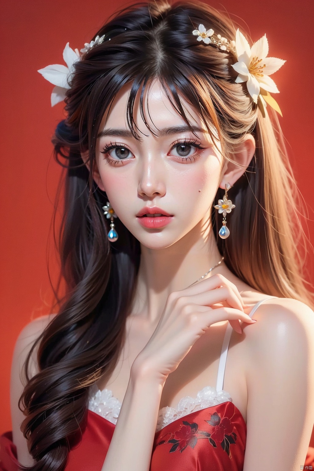 1girl, solo, long hair, black hair, hair accessories, jewelry, closed mouth, upper body, flowers, earrings, blur, side, eyelashes, side, makeup, red background, Chinese costume, red flowers, fringe, branch, red lips, fringe earrings, fruit grain, no hand, very beautiful, masterpiece, best quality, super detail, animation style, key vision, 1 girl