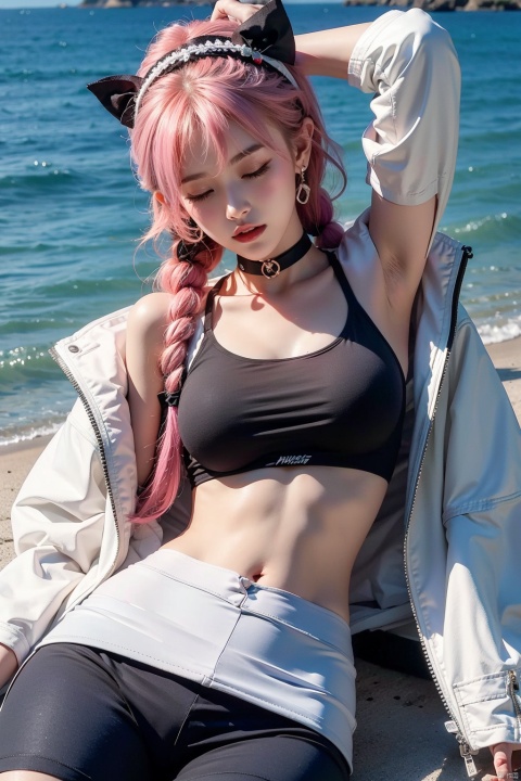  1girl, solo, long hair, breasts, looking at viewer, bangs, blue eyes, navel, bare shoulders, jewelry, jacket, pink hair, braid, cowboy shot, hairband, earrings, small breasts, lying, parted lips, one eye closed, open clothes, shorts, choker, midriff, pants, on back, water, off shoulder, stomach, arm up, twin braids, open jacket, official alternate costume, crop top, short shorts, black shorts, black pants, white jacket, camisole, white hairband, sports bra, spaghetti strap, legwear under shorts, leggings, blue poison \(arknights\), blue poison \(shoal beat\) \(arknights\), jiqing, 1 girl