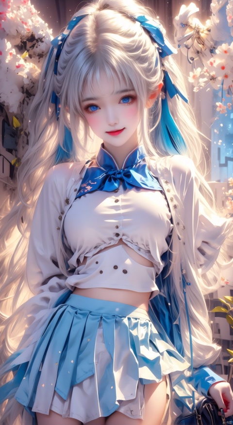  (best quality),(masterpiece),1girl, kamisato ayaka, skirt, solo, long hair, mole under eye, school uniform, blue eyes, pleated skirt, bag, smile, looking at viewer, sailor collar, white sailor collar, long sleeves, mole, holding, cup, ponytail, neckerchief, blue neckerchief, serafuku, school bag, ribbon, midriff, shirt, hair ribbon, white shirt, white hair, closed mouth, blue skirt, drinking straw, cowboy shot, crop top, holding cup, shoulder bag, cherry blossoms, alternate costume, disposable cup, outdoors, sky, keychain, petals, official alternate costume, very long hair, bag charm, choker, blunt bangs, blue sky, thighs, jijianchahua, (\yan yu\), (\shen ming shao nv\)