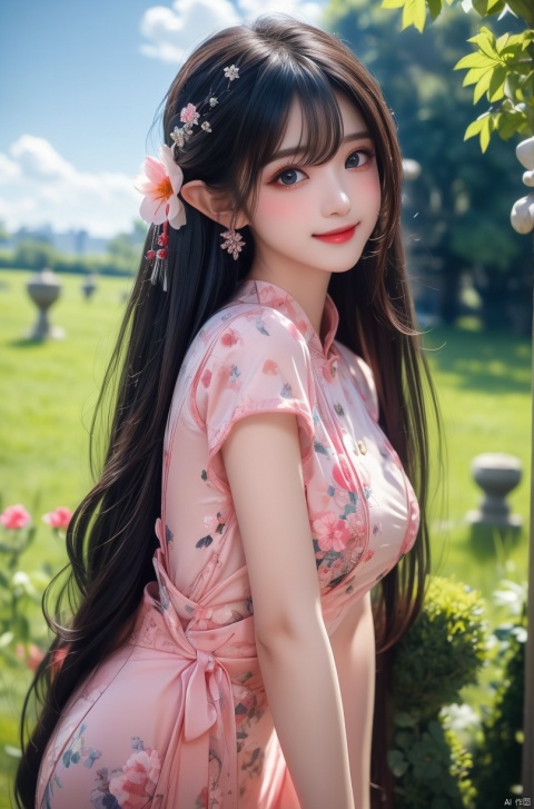  best quality, masterpiece, realistic,full_body,(Good structure), DSLR Quality,Depth of field,kind smile,looking_at_viewer,Dynamic pose, 
1girl, solo, long hair, breasts, looking at viewer, blush, bangs, blue eyes, hair ornament, gloves, sheath dress, hair between eyes, medium breasts, very long hair, standing,  flower,, , outdoors,  sky, day, pointy ears, , cloud, hair flower,  blue sky, pink flower, wangyushan, blackpantyhose, (\yan yu\), 1 girl