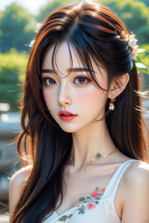  1girl,solo,black hair,long hair,jewelry,bangs,looking at viewer,blunt bangs,summer, (\huo yan shao nv\)