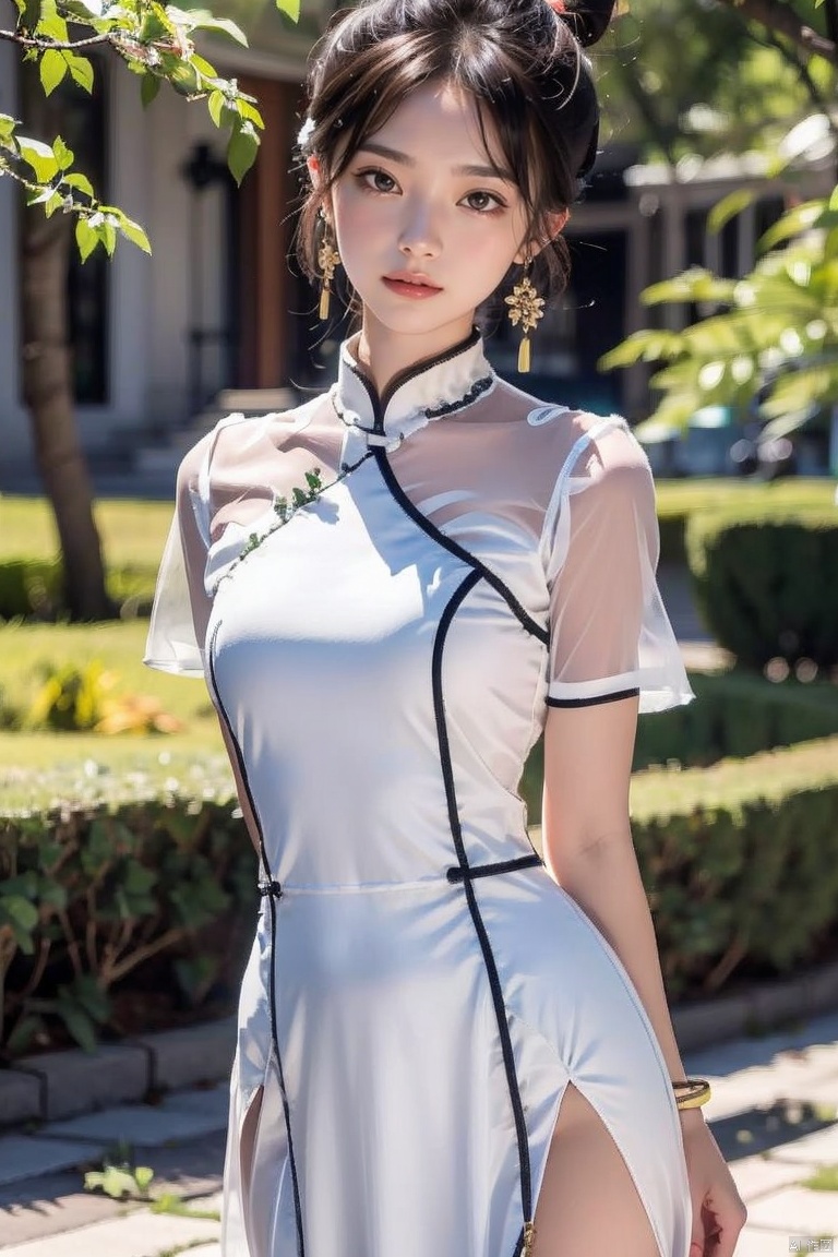  1girl, dress, solo, black hair, chinese clothes, jewelry, earrings, white dress, looking at viewer, china dress, arm behind back, hair bun, day, standing, red lips, tree, short sleeves, outdoors, blurry, bracelet, short hair, architecture, lips, long dress
,
Negative prompt:, 1 girl