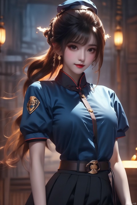 1girl,police uniform,police,uniform,policewoman,solo,chun-li,police hat,gloves,hat,brown hair,fingerless gloves,hair bun,necktie,pantyhose,brown eyes,double bun,looking at viewer,spiked bracelet,bracelet,belt,spikes,short sleeves,black necktie,side slit,short hair,jewelry,breasts,bangs,shirt,closed mouth,alternate costume,skirt,official alternate costume,lips,pelvic curtain,black gloves,handcuffs,cuffs,blurry background,blue skirt,large breasts,puffy sleeves,collared shirt,black pantyhose,medium breasts,blue shirt,upper body,black belt,*******,puffy short sleeves,peaked cap,indoors,bun cover,muscular,standing,cowboy shot,blue headwear,blurry,clenched hand,smile8K,best quilty,shiranui mai, xiaowu,Punk