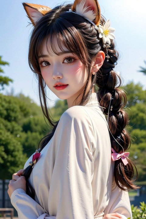  1girl, solo, long hair, looking at viewer, blush, smile, bangs, hair ornament, bow, animal ears, jewelry, yellow eyes, upper body, pink hair, braid, flower, hair bow, hairband, earrings, outdoors, parted lips, alternate costume, cat ears, from side, looking to the side, book, single braid, blue bow, plant, white flower, hair over shoulder, floppy ears, goldenglow \(arknights\), jiqing, 1 girl,moyou