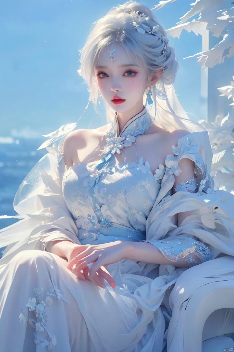  A woman wearing a white dress,with her head on her hand and her arms on her shoulders,sunglasses,Ayako Rokkaku,the art of the female giant,semi transparent,bookshelf,delicate body,slender legs,and seductive glances,((Chinese characters written in ice:1.3)),((white and sea blue style)),((macro photography characters:1.1)),((blue and white ice is background)),matte punk,resin,anime aesthetics,meticulous design,masterpiece,best quality,super quality,8K resolution, ice, (\shen ming shao nv\)
