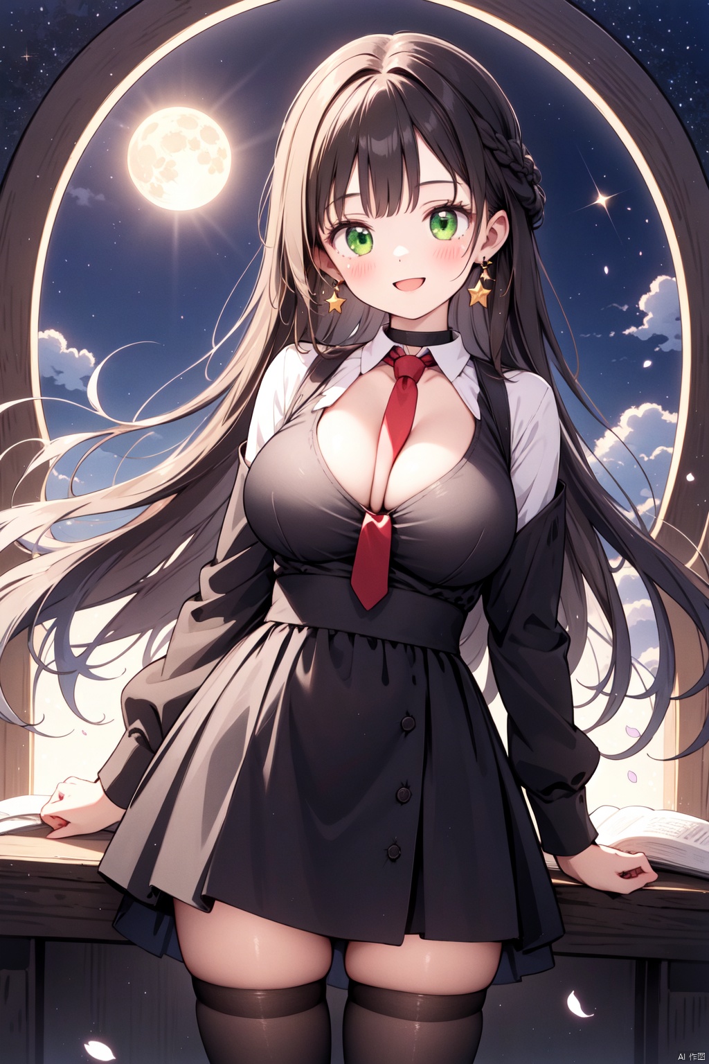  1girl, bangs, black_necktie, blush, book, braid, breasts, card_\(medium\), choker, cleavage, clipboard, crescent_moon, earrings, earth_\(planet\), flower, full_moon, glint, green_eyes, holding, jewelry, large_breasts, long_hair, long_sleeves, looking_at_viewer, moon, moonlight, necktie, necktie_between_breasts, night, night_sky, open_mouth, paper, petals, planet, red_moon, shooting_star, sky, smile, solo, sparkle, sparkle_background, star_\(sky\), star_\(symbol\), starry_sky, sun, thighhighs, very_long_hair, window, maolilan
