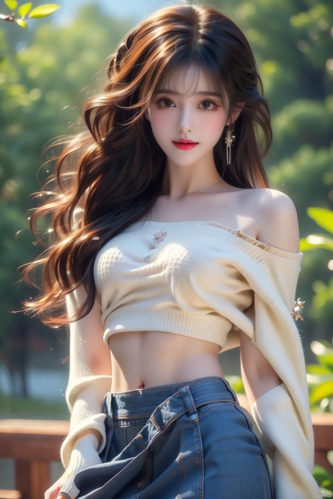 best quality, masterpiece, cowboy_shot,(Good structure), DSLR Quality,Depth of field,kind smile,looking_at_viewer,Dynamic pose, 1girl, 3d, bare_shoulders, belt, blurry, blurry_background, blurry_foreground, branch, , , , collarbone, *******_photo, denim, denim_skirt, depth_of_field, , lips, long_hair, looking_at_viewer, midriff, miniskirt, motion_blur, navel, outdoors, photo_\(medium\), realistic, skirt, solo, standing, tree, , , , blackpantyhose, , , , , futuaner