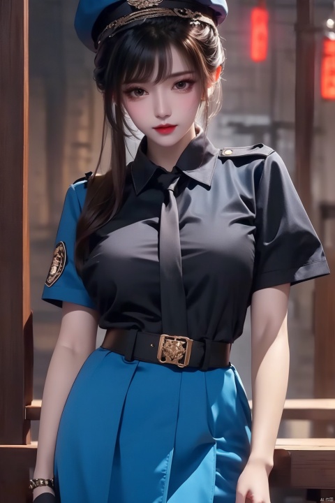 1girl,police uniform,police,uniform,policewoman,solo,chun-li,police hat,gloves,hat,brown hair,fingerless gloves,hair bun,necktie,pantyhose,brown eyes,double bun,looking at viewer,spiked bracelet,bracelet,belt,spikes,short sleeves,black necktie,side slit,short hair,jewelry,breasts,bangs,shirt,closed mouth,alternate costume,skirt,official alternate costume,lips,pelvic curtain,black gloves,handcuffs,cuffs,blurry background,blue skirt,large breasts,puffy sleeves,collared shirt,black pantyhose,medium breasts,blue shirt,upper body,black belt,*******,puffy short sleeves,peaked cap,indoors,bun cover,muscular,standing,cowboy shot,blue headwear,blurry,clenched hand,smile8K,best quilty,shiranui mai, xiaowu,Punk, 1 girl