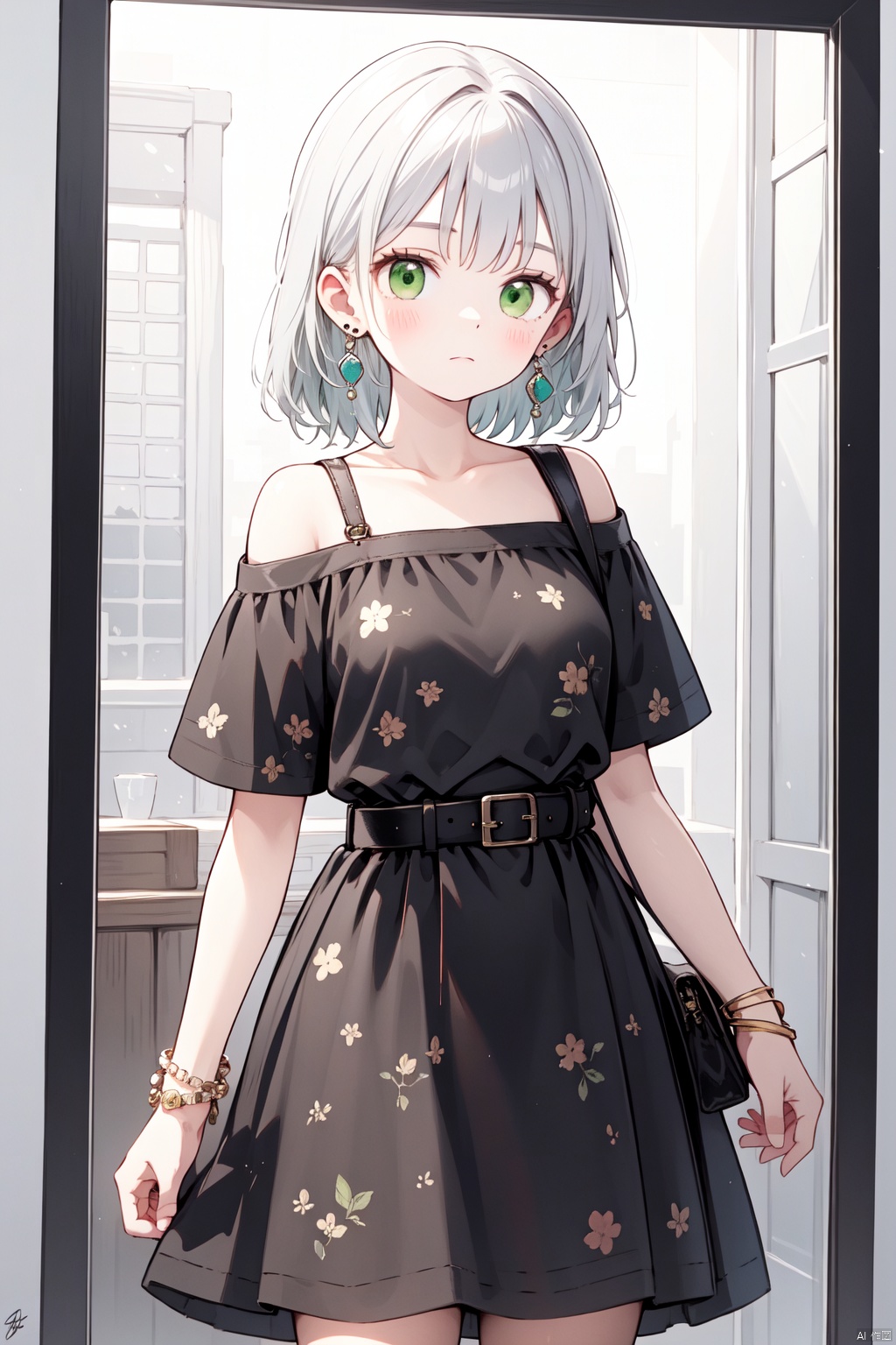  earrings, short_sleeves, watch, bangs, black_dress, bag, green_eyes, grey_hair, belt, signature, handbag, different_reflection, shoulder_bag, bracelet, closed_mouth, print_dress, hair_behind_ear, black_belt, maolilan