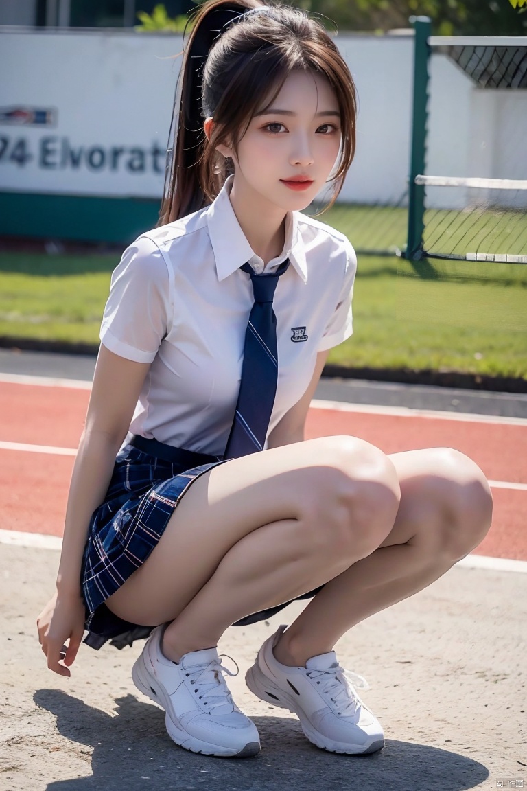1girl, solo, looking at viewer, smile, skirt, brown hair, shirt, white shirt, ponytail, short sleeves, necktie, shoes, plaid , plaid skirt, ball, blue necktie, photo background, tennis ball, (\yan yu\)