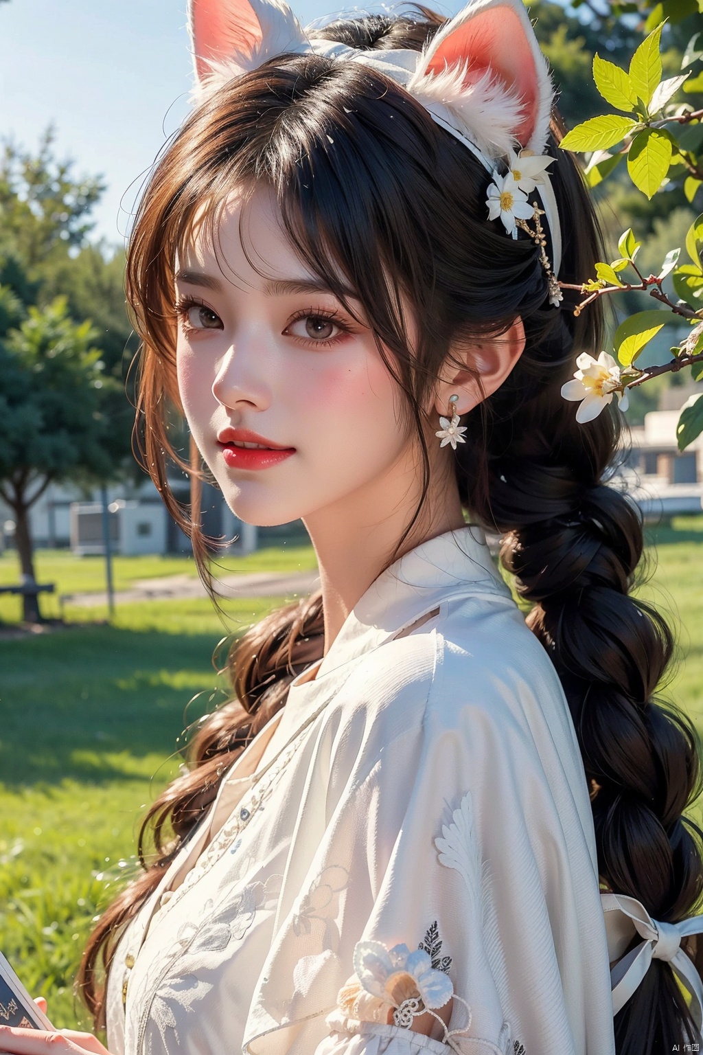  1girl, solo, long hair, looking at viewer, blush, smile, bangs, hair ornament, bow, animal ears, jewelry, yellow eyes, upper body, pink hair, braid, flower, hair bow, hairband, earrings, outdoors, parted lips, alternate costume, cat ears, from side, looking to the side, book, single braid, blue bow, plant, white flower, hair over shoulder, floppy ears, goldenglow \(arknights\), jiqing, 1 girl,moyou