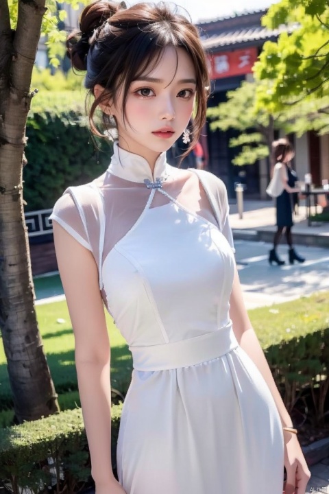  1girl, dress, solo, black hair, chinese clothes, jewelry, earrings, white dress, looking at viewer, china dress, arm behind back, hair bun, day, standing, red lips, tree, short sleeves, outdoors, blurry, bracelet, short hair, architecture, lips, long dress
,
Negative prompt:, 1 girl