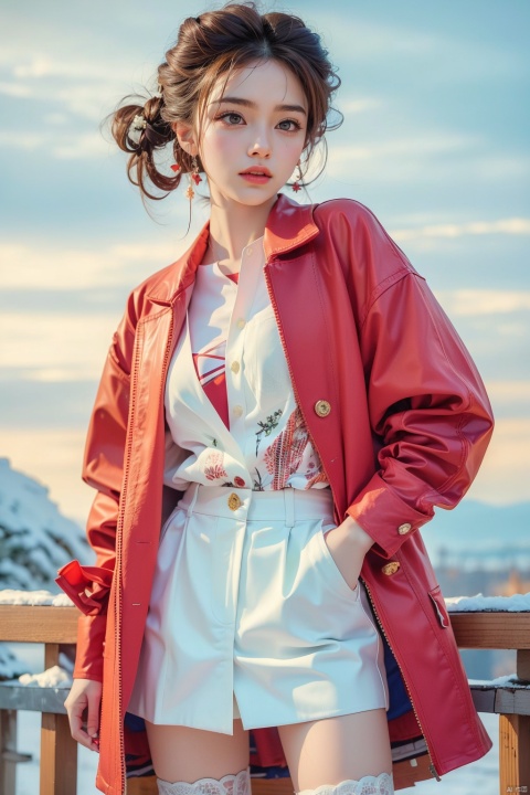  Outdoor scenery, snow view, Snow Mountain, girl, red wool coat, pretty face, short hair, blonde hair, (photo reality: 1.3) , Edge lighting, (high detail skin: 1.2) , 8K Ultra HD, high quality, high resolution, the best ratio of four fingers and a thumb, (photo reality: 1.3) , wearing a red coat, white shirt inside, big chest, solid color background, solid red background, advanced feeling, texture full, 1 girl, Xiqing, HSZT, Xiaxue, dongy, a girl, magic eyes, black 8d smooth stockings, 1girl, sd_mai, xiqing, tm, ((poakl flower style)), 80sDBA style