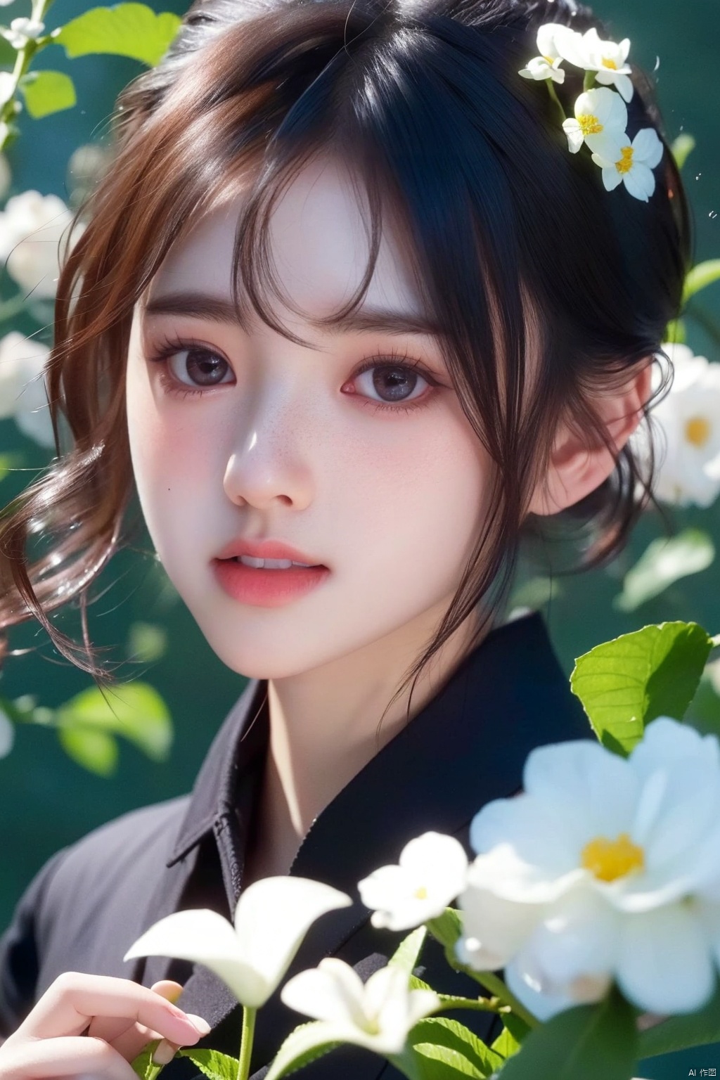  1girl, solo, looking at viewer, short hair, black hair, brown eyes, upper body, flower, parted lips, teeth, hair flower, blurry, lips, white flower, portrait, freckles, realistic, holding flower, ((poakl)),moyou, 1 girl, jiqing, maolilan, (\yan yu\)