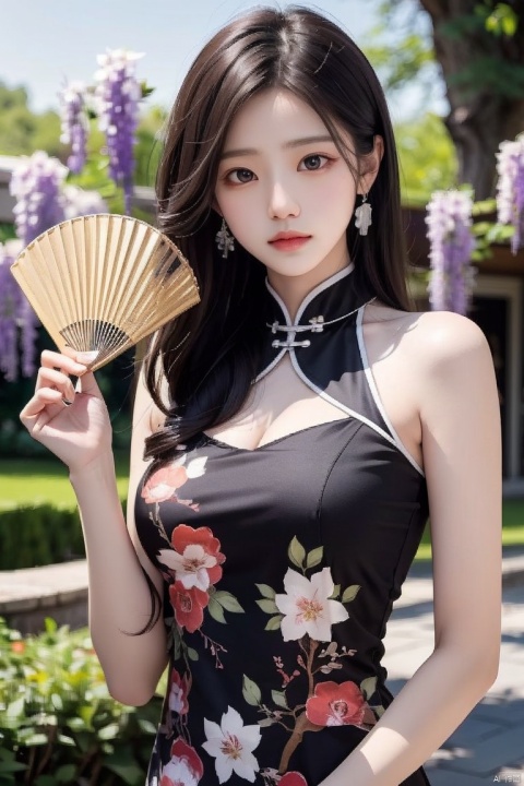 1girl, blurry, blurry_background, blurry_foreground, depth_of_field, motion_blur, hand_fan, bokeh, photo_\(medium\), solo, dress, chinese_clothes, black_hair, earrings, lips, 3d, photo_background, holding, focused, jewelry, wisteria, holding_fan, looking_at_viewer, photorealistic, china_dress,extremely detailed CG unity 8k wallpaper,masterpiece, best quality, ultra-detailed, beautiful detailed eyes:1.2,best illumination, (best shadow, an extremely delicate and beautiful, bloom),best quality, masterpiece, highres, original, extremely detailed wallpaper, perfect lighting,(extremely detailed CG:1.2), drawing, paintbrush,, ,qp, 1 girl