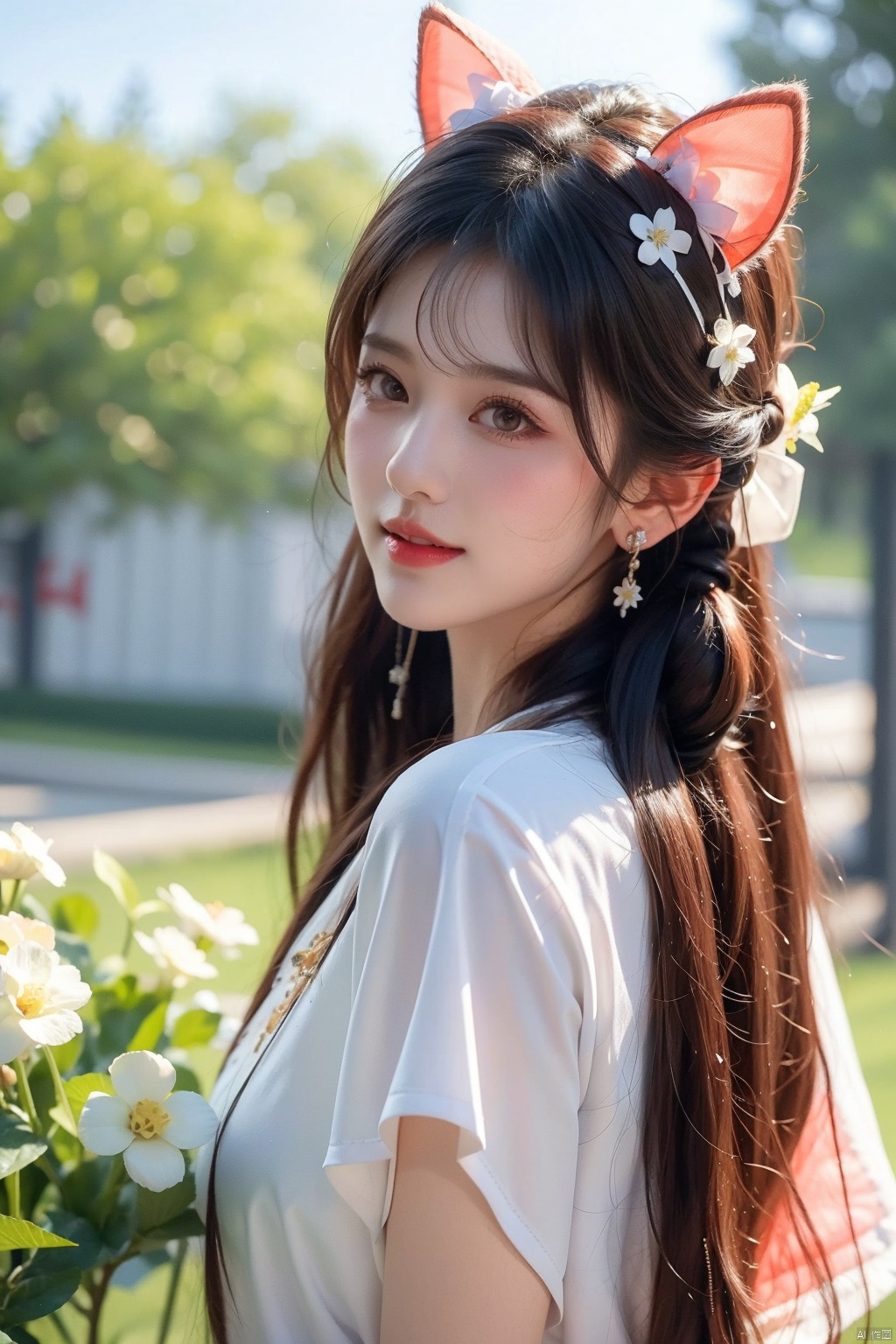  1girl, solo, long hair, looking at viewer, blush, smile, bangs, hair ornament, bow, animal ears, jewelry, yellow eyes, upper body, pink hair, braid, flower, hair bow, hairband, earrings, outdoors, parted lips, alternate costume, cat ears, from side, looking to the side, book, single braid, blue bow, plant, white flower, hair over shoulder, floppy ears, goldenglow \(arknights\), jiqing