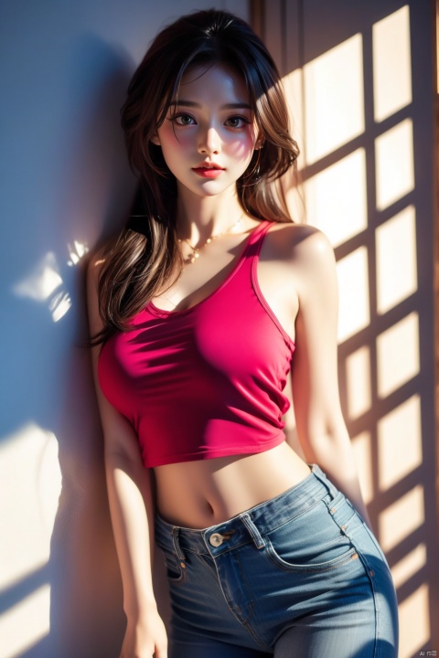  1girl, solo, breasts, looking at viewer, smile, brown hair, black hair, navel, bare shoulders, brown eyes, jewelry, closed mouth, standing, collarbone, cowboy shot, midriff, pants, lips, shadow, tank top, denim, jeans, realistic, arms at sides, 1girl,short skirt, （\personality\）, 1 girl,moyou