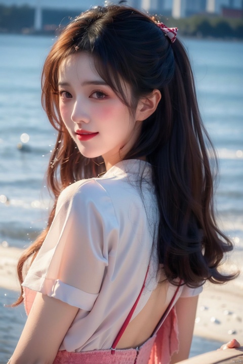  1girl, solo, long hair, looking at viewer, smile, bangs, black hair, dress, bow, very long hair, purple eyes, pink hair, purple hair, short sleeves, heart, multicolored hair, looking back, virtual youtuber, tears, from behind, streaked hair, one side up, suspenders, crying, pink dress, crying with eyes open,moyou