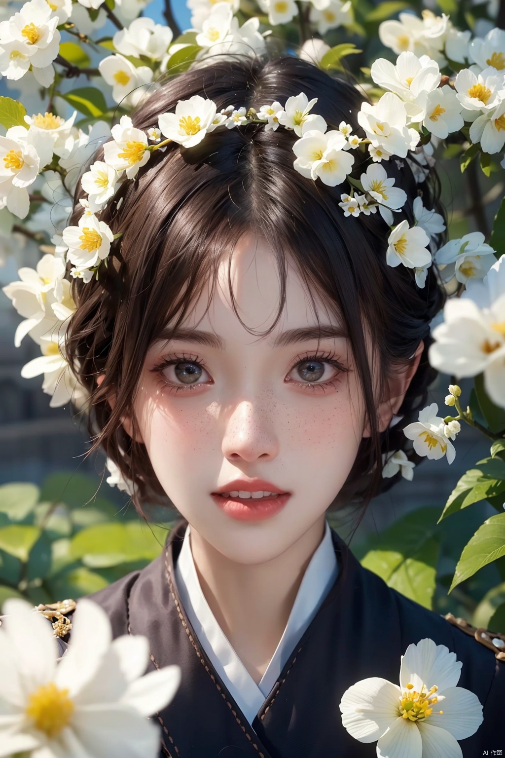  1girl, solo, looking at viewer, short hair, black hair, brown eyes, upper body, flower, parted lips, teeth, hair flower, blurry, lips, white flower, portrait, freckles, realistic, holding flower, ((poakl)),moyou, 1 girl, jiqing, maolilan, (\yan yu\)