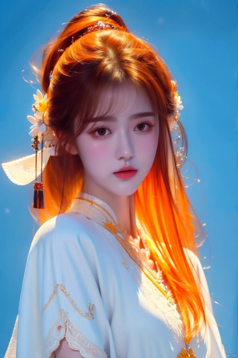 Best quality + masterpiece + Extremely high resolution +1 loli+ looking at the audience + detailed face + orange hair + deep eyes + dress + full bodyimage,,, masterpiece, best quality, mtianmei, mpaidui,