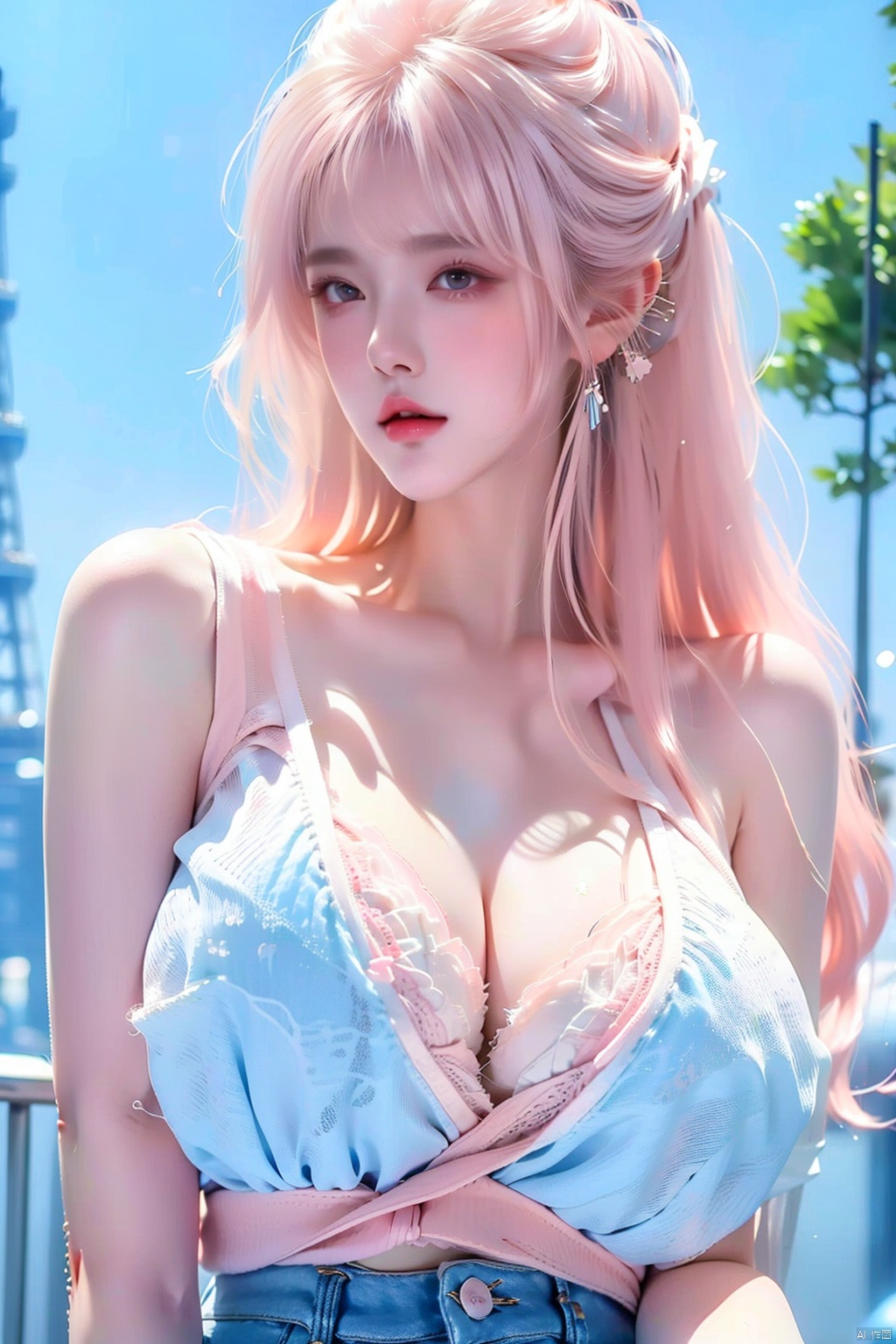 1 girl, (8k, original photo, best quality, Masterpiece: 1.3), (realistic, realistic: 1.37), (daytime), (Looking at the audience: 1.331), Posing, (Tokyo Tower:1.4), ((Daytime City View)), (Real city),((Clear background)), soft light, 1 girl, extremely beautiful face, ((Perfect lively breasts)), (Big boobs:1.5),(Bare cleavage:1.2), put down hands, random hairstyle, (Long light pink hair:1.5), random expression, big eyes, small belly,((((White short **** top)))), ((((Light blue denim short shorts)))), mix4, an extremely delicate and beautiful girl, beautiful face,beautiful eyes, beautiful girl, 8k wallpaper, (best quality: 1.12), (Detailed: 1.12), (Complex: 1.12), (Ultra Detailed: 1.12), (Advanced: 1.12), Ultra Detailed, Ultra Detailed, High Resolution Illustration, Color, 8k wallpaper, highres, Movie Light, Ray Tracing, (8k, Original photo, best Quality, Masterpiece, Ultra High, Ultra Detailed: 1.2), ((realistic, photo-realistic)),yuzu,(large breasts),(breast expansion), (cleavage),