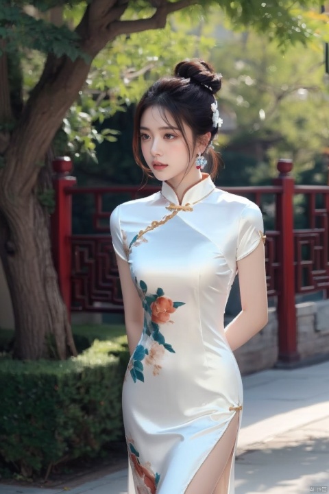  1girl, dress, solo, black hair, chinese clothes, jewelry, earrings, white dress, looking at viewer, china dress, arm behind back, hair bun, day, standing, red lips, tree, short sleeves, outdoors, blurry, bracelet, short hair, architecture, lips, long dress
,
Negative prompt: