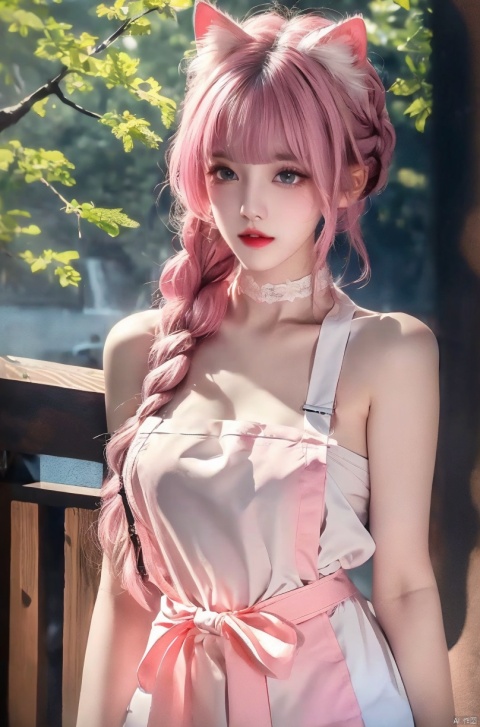  1 girl, solo, long hair,watching audience, bangs, blue eyes, animal ears, cleavage, bare shoulders, standing, collarbone, apron, pink hair, braids, thighs, cowboy shooting, outdoor, parted lips, choker, day, cat ears, blunt bangs, lips, animal ear fluff, white nude apron., ((poakl))