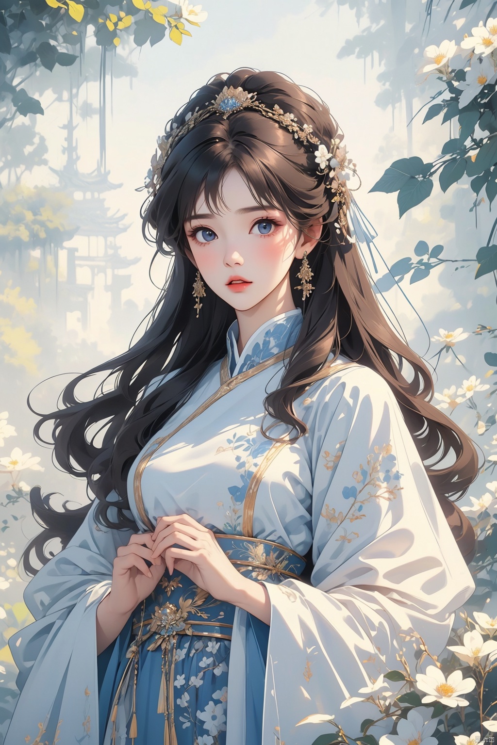  best quality ,masterpiece, illustration, an extremely delicate and beautiful, extremely detailed ,CG ,unity ,8k wallpaper, Amazing, finely detail, masterpiece,best quality,official art,extremely detailed CG unity 8k wallpaper,
1girl, solo, long hair, hair ornament, long sleeves, dress, jewelry, blue hair, upper body, flower, earrings, blue dress, chinese clothes, ((poakl)),（Porcelain texture：1.2）, maolilan