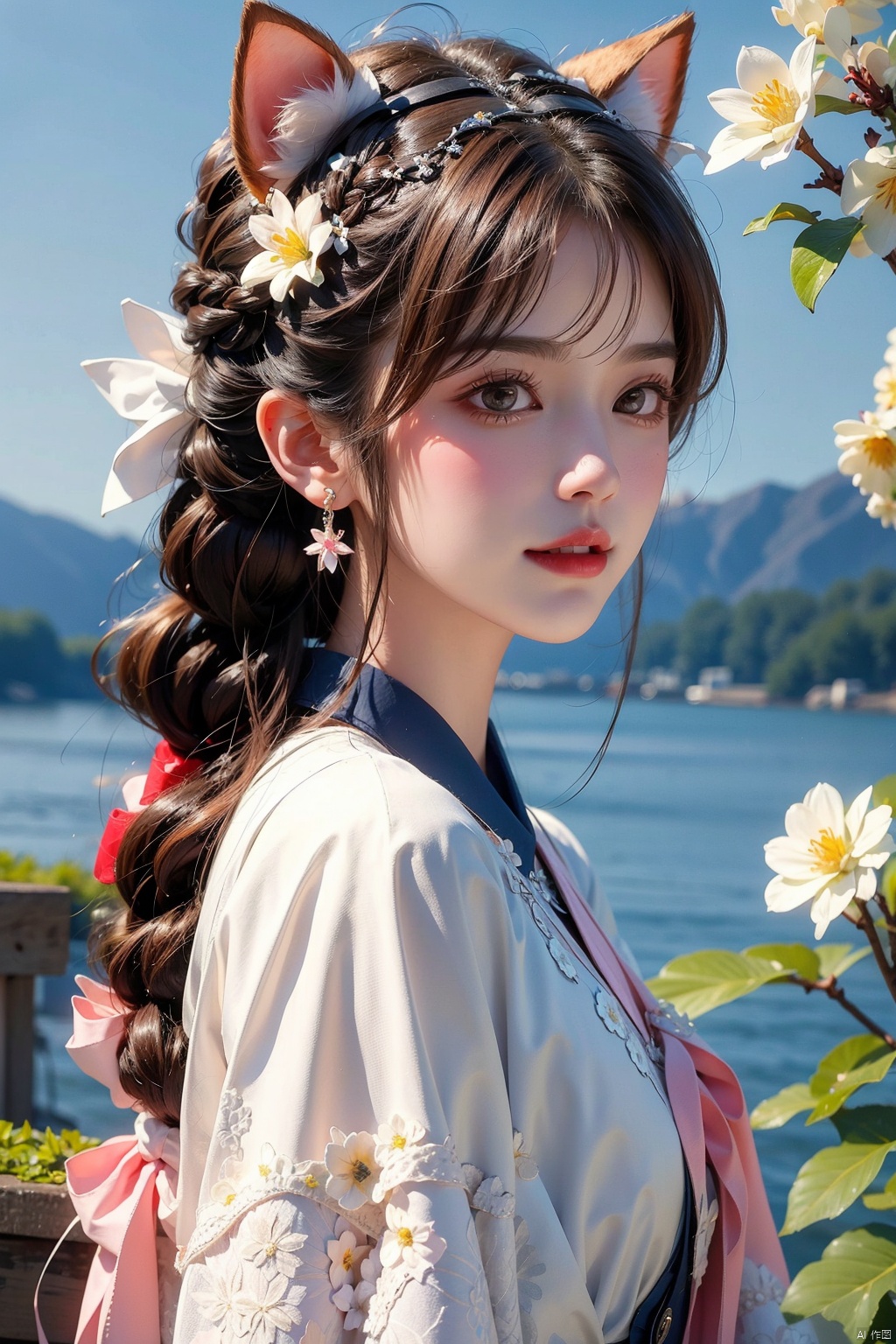  1girl, solo, long hair, looking at viewer, blush, smile, bangs, hair ornament, bow, animal ears, jewelry, yellow eyes, upper body, pink hair, braid, flower, hair bow, hairband, earrings, outdoors, parted lips, alternate costume, cat ears, from side, looking to the side, book, single braid, blue bow, plant, white flower, hair over shoulder, floppy ears, goldenglow \(arknights\), jiqing, 1 girl,moyou