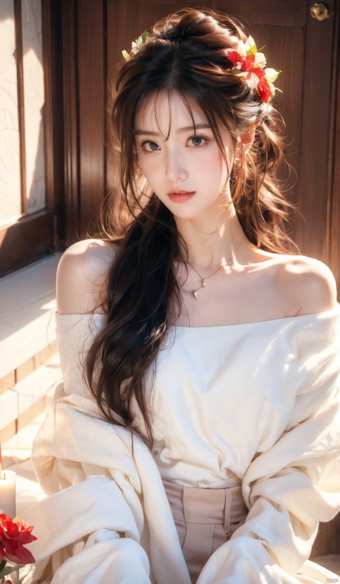  1 girl, jewelry, solo, earrings, long hair, forehead markings, black hair, necklace, bare shoulders, flowers, red lips, hair flowers, upper body, skirt, off shoulder, facial markings, head down, makeup, lips, candles, collarbones, long sleeves, tears streaming down, crying, Tyndall effect, 8k, large aperture, masterpiece of the century, sit, maple leaf, doorway, corridor, Sun on face, 1girl, jiqing