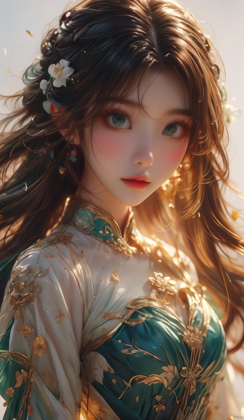  masterpiece, best quality, ultra high res, (extreme detailed), (1 beautiful girl), (abstract art:1.4),bleeding green, visually stunning, beautiful, evocative, emotional, ((white background)), blue theme, Light master, jiqing, qingyi, (\shen ming shao nv\)