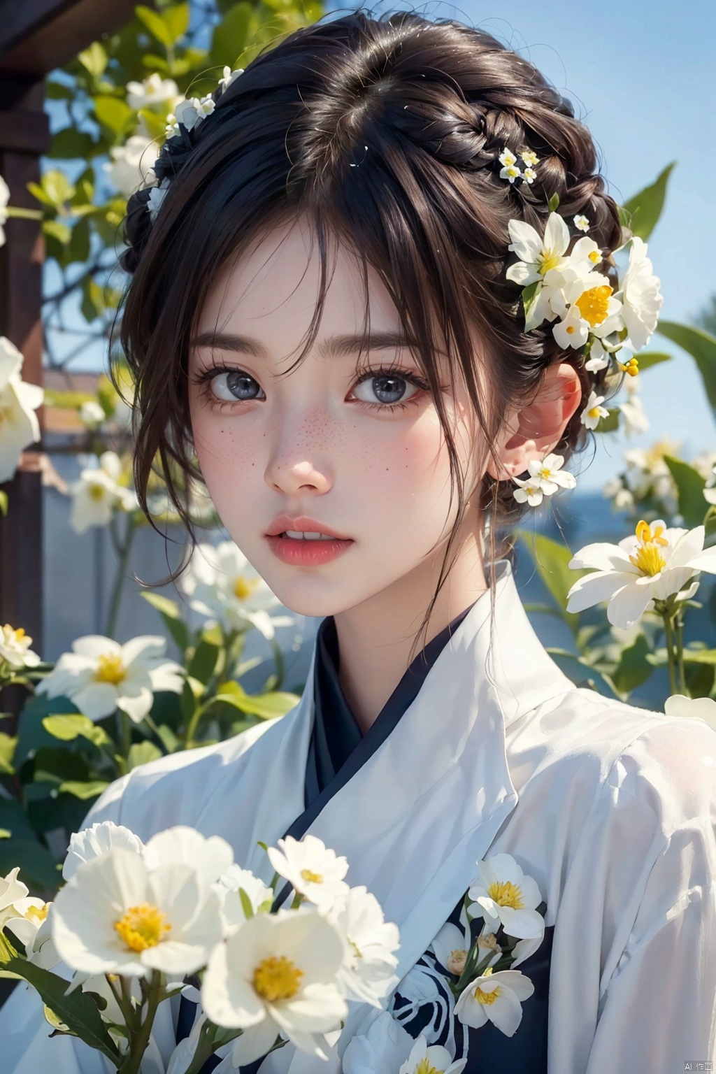  1girl, solo, looking at viewer, short hair, black hair, brown eyes, upper body, flower, parted lips, teeth, hair flower, blurry, lips, white flower, portrait, freckles, realistic, holding flower, ((poakl)),moyou, 1 girl, jiqing, maolilan, (\yan yu\)