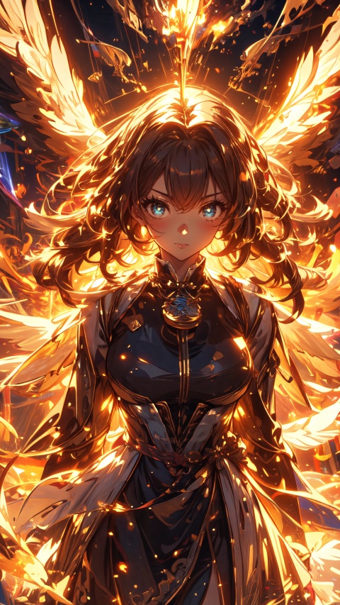  masterpiece, best quality, 1girl, a stunning anime wallpaper featuring the face of an enigmatic character with glowing eyes, long hair,surrounded by swirling flames and ethereal energy waves. Focus on materials that evoke warmth or luxury, such as silk or velvet. Vector illustration in the style of anime, with a dark blue background color, segaev, r1ge, taoist, (\shen ming shao nv\), jiqing, maolilan,wings