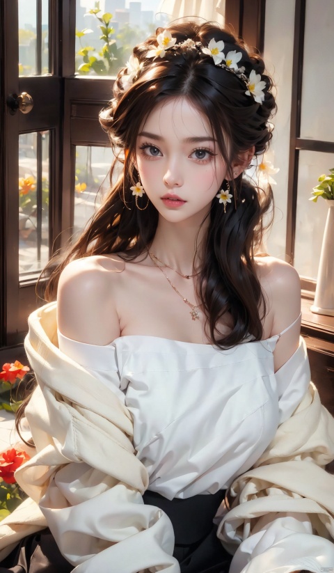  1 girl, jewelry, solo, earrings, long hair, forehead markings, black hair, necklace, bare shoulders, flowers, red lips, hair flowers, upper body, skirt, off shoulder, facial markings, head down, makeup, lips, candles, collarbones, long sleeves, tears streaming down, crying, Tyndall effect, 8k, large aperture, masterpiece of the century, sit, maple leaf, doorway, corridor, Sun on face, 1girl, jiqing