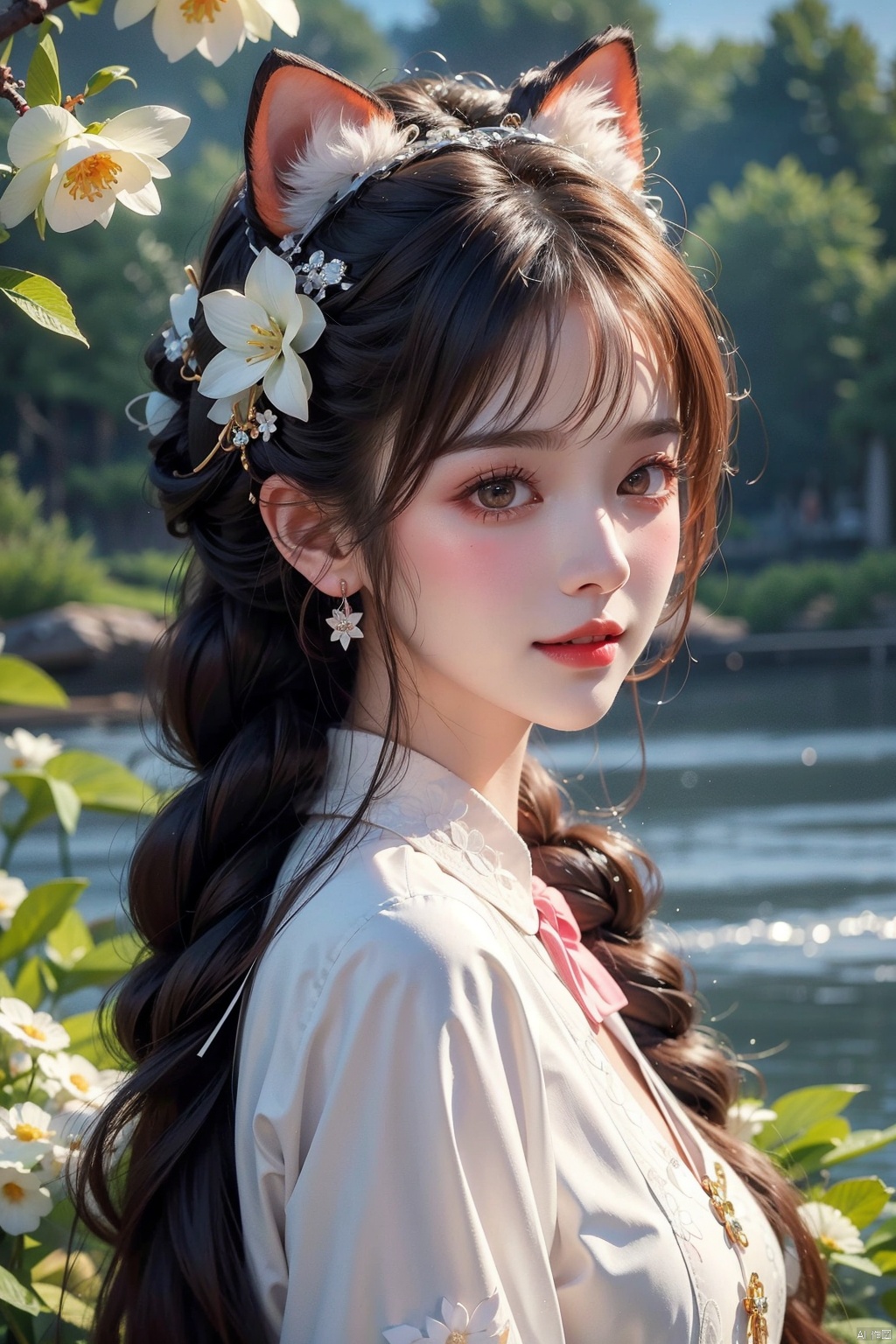  1girl, solo, long hair, looking at viewer, blush, smile, bangs, hair ornament, bow, animal ears, jewelry, yellow eyes, upper body, pink hair, braid, flower, hair bow, hairband, earrings, outdoors, parted lips, alternate costume, cat ears, from side, looking to the side, book, single braid, blue bow, plant, white flower, hair over shoulder, floppy ears, goldenglow \(arknights\), jiqing, 1 girl,moyou