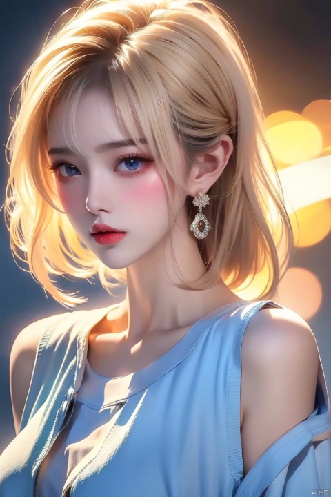  1girl,blonde hair,solo,blue eyes,jewelry,earrings,android 18,short hair,realistic,looking at viewer,upper body,breasts,lips,medium breasts,from side,shirt,grey background,bare shoulders,nose,sleeveless,black shirt,simple background,eyelashes,closed mouth,artist name,makeup,looking to the side,red lips,expressionless,off shoulder,looking back,bangs,sleeveless shirt,from behind,bob cut,jacket,forehead,parted lips,official art,extremely detailed CG unity 8k wallpaper,perfect lighting,Colorful,Bright_Front_face_Lighting,(masterpiece:1),(best_quality:1),ultra high res,8K,ultra-detailed, ((poakl)), (\shen ming shao nv\), (\yan yu\), (\ji jian\), 1 girl