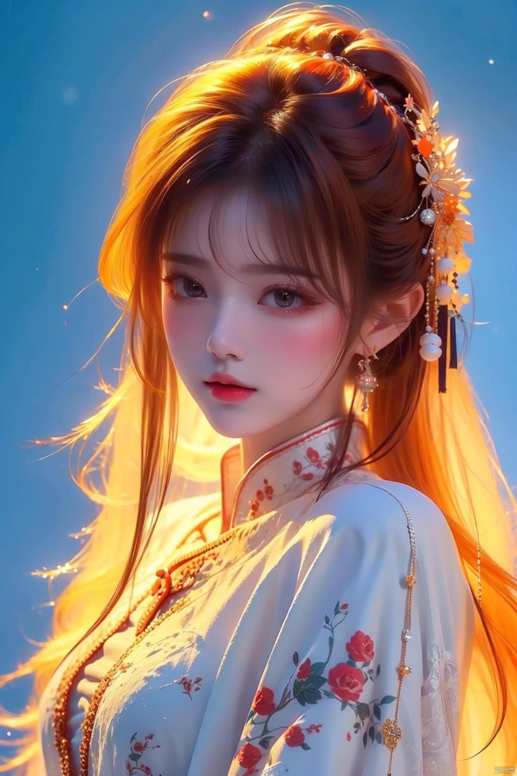 Best quality + masterpiece + Extremely high resolution +1 loli+ looking at the audience + detailed face + orange hair + deep eyes + dress + full bodyimage,,, masterpiece, best quality, mtianmei, mpaidui, 1 girl