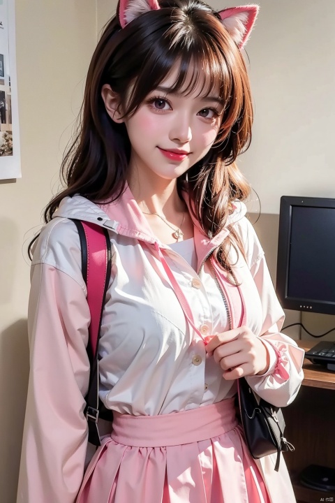  1girl, solo, looking at viewer, smile, bangs, skirt, brown hair, shirt, hair ornament, long sleeves, ribbon, jacket, white shirt, upper body, pink hair, open clothes, hairclip, collared shirt, indoors, hood, medium hair, pink eyes, bag, open jacket, black jacket, black shirt, dress shirt, neck ribbon, backpack, letterboxed, hooded jacket, pink ribbon, brown skirt, flipped hair, monitor, animal bag, cat bag, nanami chiaki, monomi \(danganronpa\), 1 girl