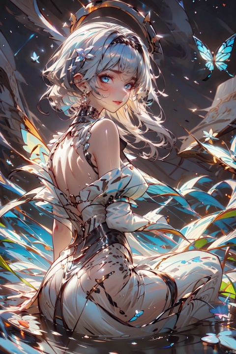  solo, 1girl, blue_eyes, dress, long_hair, hair_ornament, choker, black_choker, hairband, sitting, white_dress, looking_at_viewer, wings, from_behind, butterfly_hair_ornament, bare_shoulders, looking_back, blush, grey_hair, sleeveless_dress, parted_lips, jiqing, babata, (\shen ming shao nv\)