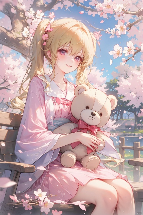  1girl, blonde hair, twintails, pink dress, holding teddy bear, sitting under cherry blossom tree, petals falling, warm smile, highly detailed