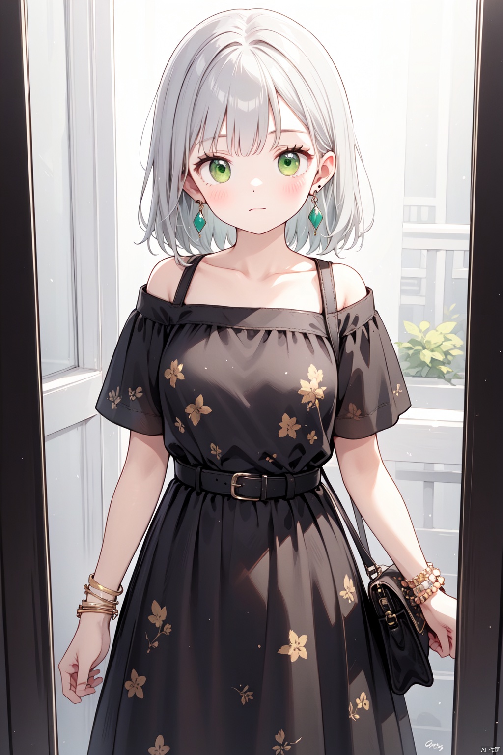  earrings, short_sleeves, watch, bangs, black_dress, bag, green_eyes, grey_hair, belt, signature, handbag, different_reflection, shoulder_bag, bracelet, closed_mouth, print_dress, hair_behind_ear, black_belt, maolilan