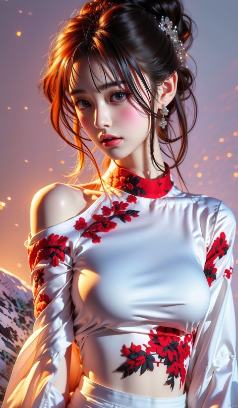  Best quality, ultra-high resolution, (photo realism: 1.4), 1 girl, (shoulder length shirt: 1.2), embroidered lace craftsmanship, red and black, enticing posture, separated sleeves, snowy mountain background, plump, big breasts, messy bun, looking at the audience, gentle lighting, 1girl