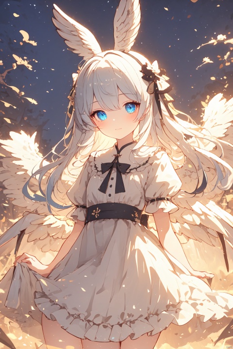  (wings:1.5),best quality, 1girl, animal ears, rabbit ears, solo, dress, blue eyes, long hair, mouth hold, grey hair, lolita fashion, looking at viewer, (\shen ming shao nv\), (\ji jian\), jiqing