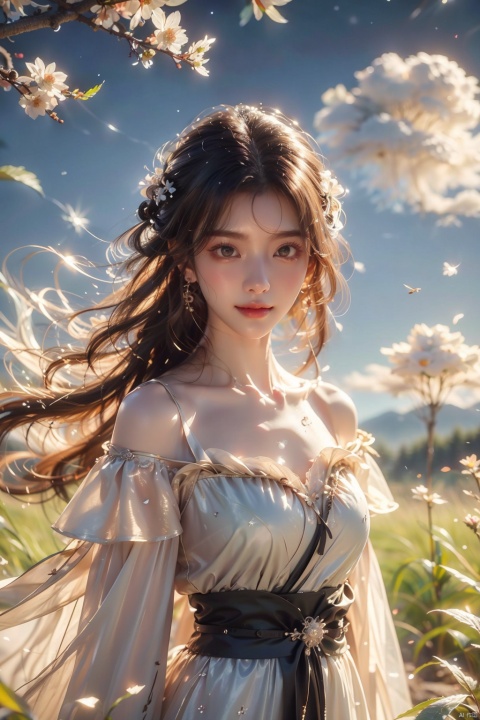  best quality, masterpiece,cowboy_shot,(Good structure),,a girl,xianjing,Off-the-shoulder, bust photo,upper body,Hanfu, Cloud, Smoke,branch,flower, smile,Gaze at the audience, Ink scattering_Chinese style, ((poakl)), ,looking_at_viewer,kind smile, , chinese dress,white dress, liuyifei,long_hair, jiqing, babata, qingyi, (\shen ming shao nv\)