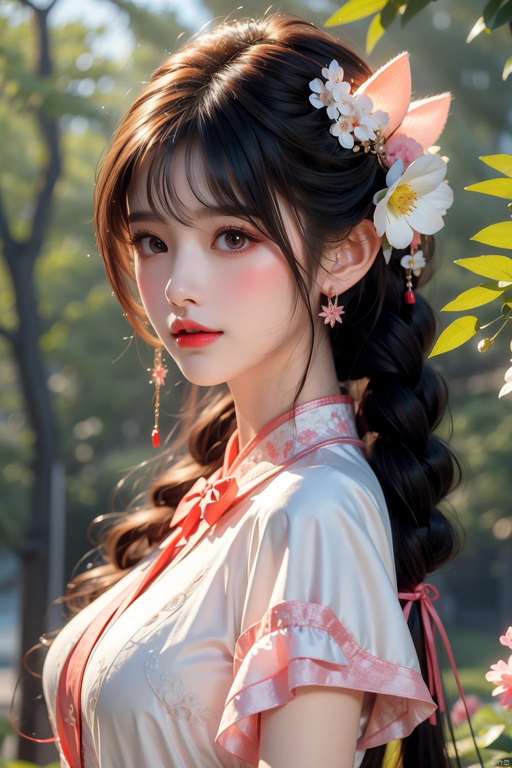  1girl, solo, long hair, looking at viewer, blush, smile, bangs, hair ornament, bow, animal ears, jewelry, yellow eyes, upper body, pink hair, braid, flower, hair bow, hairband, earrings, outdoors, parted lips, alternate costume, cat ears, from side, looking to the side, book, single braid, blue bow, plant, white flower, hair over shoulder, floppy ears, goldenglow \(arknights\), jiqing, 1 girl,moyou