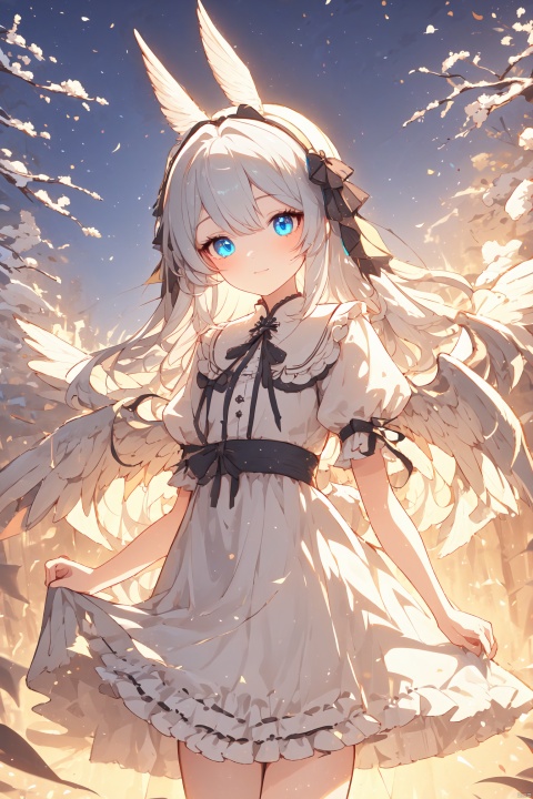  (wings:1.5),best quality, 1girl, animal ears, rabbit ears, solo, dress, blue eyes, long hair, mouth hold, grey hair, lolita fashion, looking at viewer, (\shen ming shao nv\), (\ji jian\), jiqing