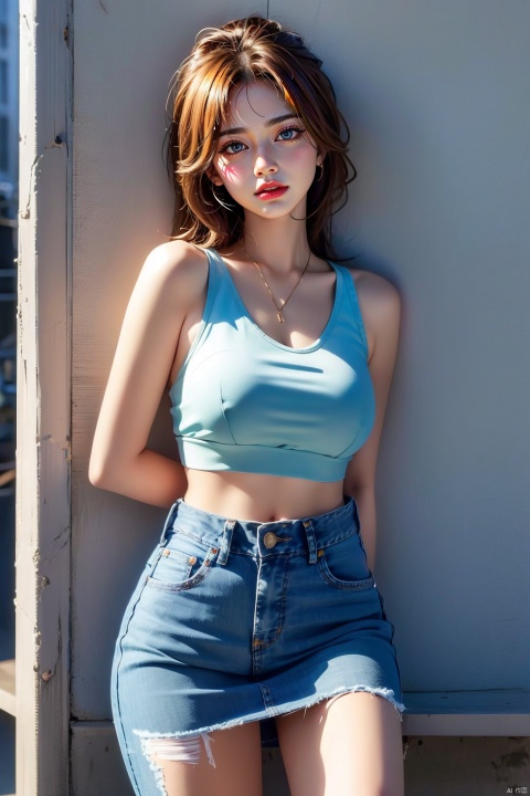  1girl, solo, breasts, looking at viewer, smile, brown hair, black hair, navel, bare shoulders, brown eyes, jewelry, closed mouth, standing, collarbone, cowboy shot, midriff, pants, lips, shadow, tank top, denim, jeans, realistic, arms at sides, 1girl,short skirt, （\personality\）, 1 girl,moyou